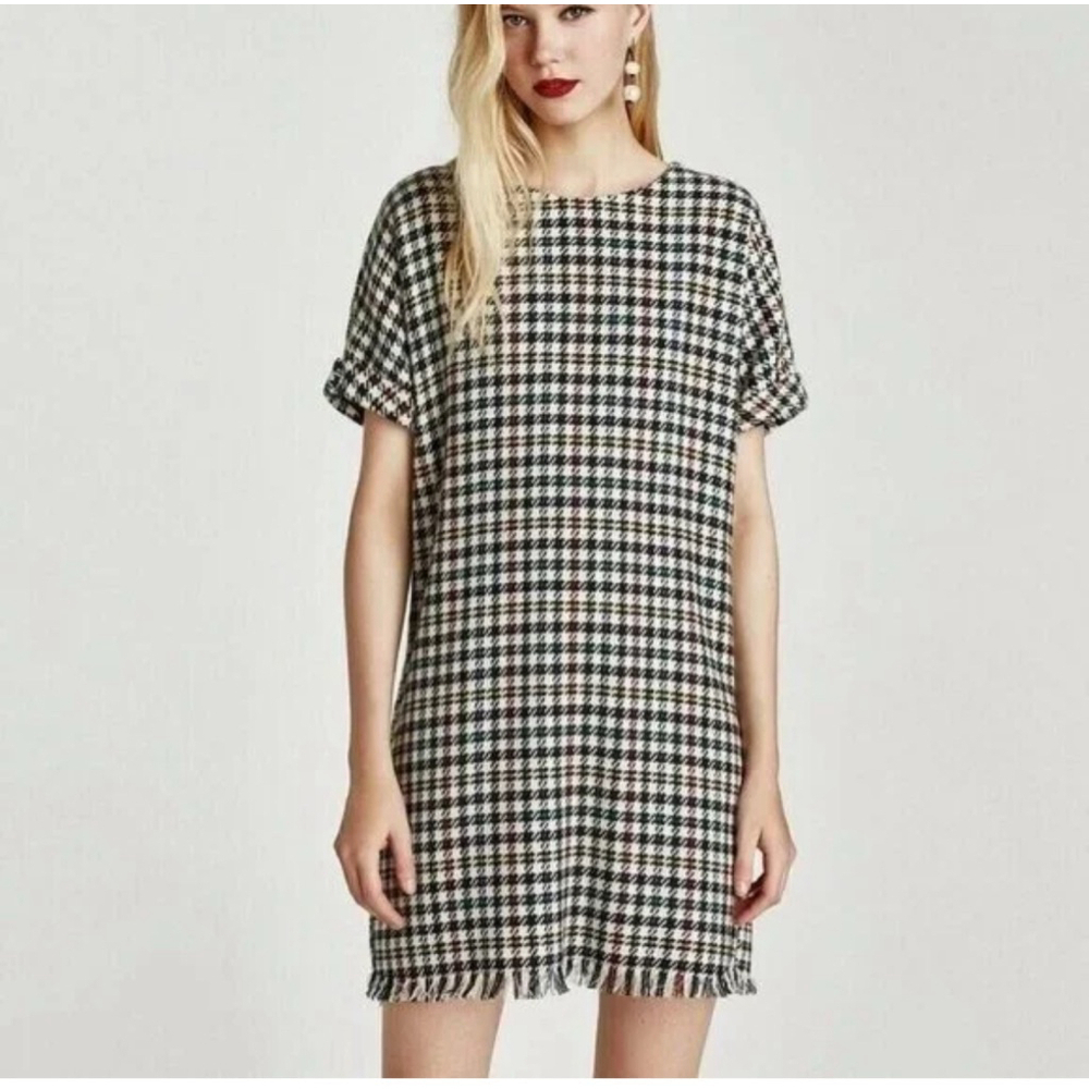 Zara Chic Plaid Knit Fringe Mini Dress